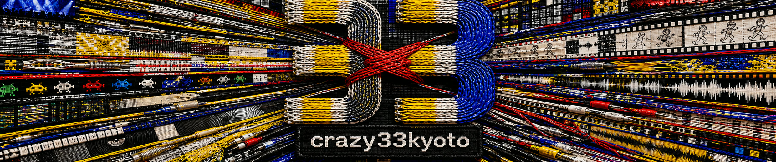 crazy33kyoto — 白、青、赤、黄色の糸と音楽機材で構成されたカバーアート